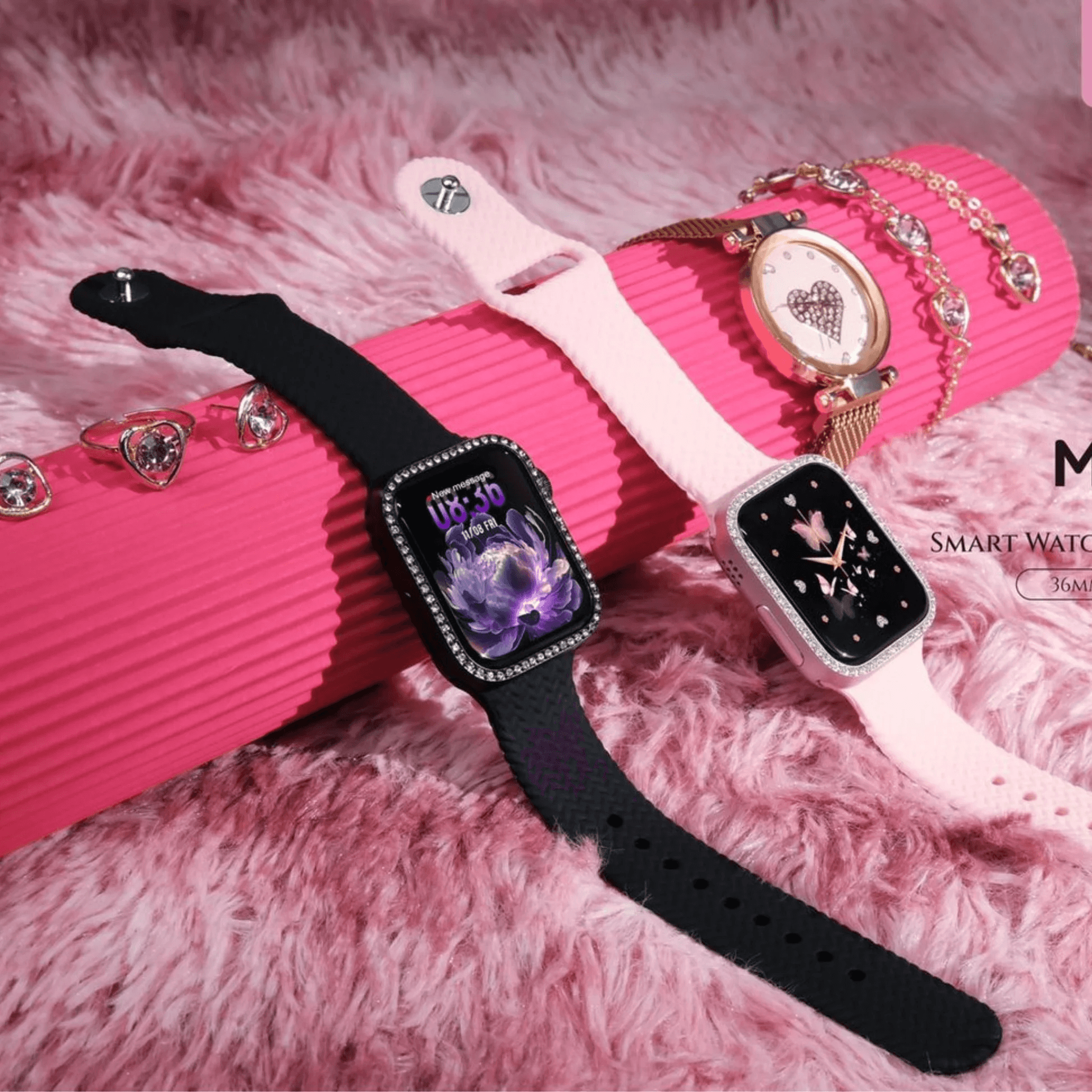 Modio MW17 Mini Smartwatch with 5 in 1 Diamond Jewellery  PINK