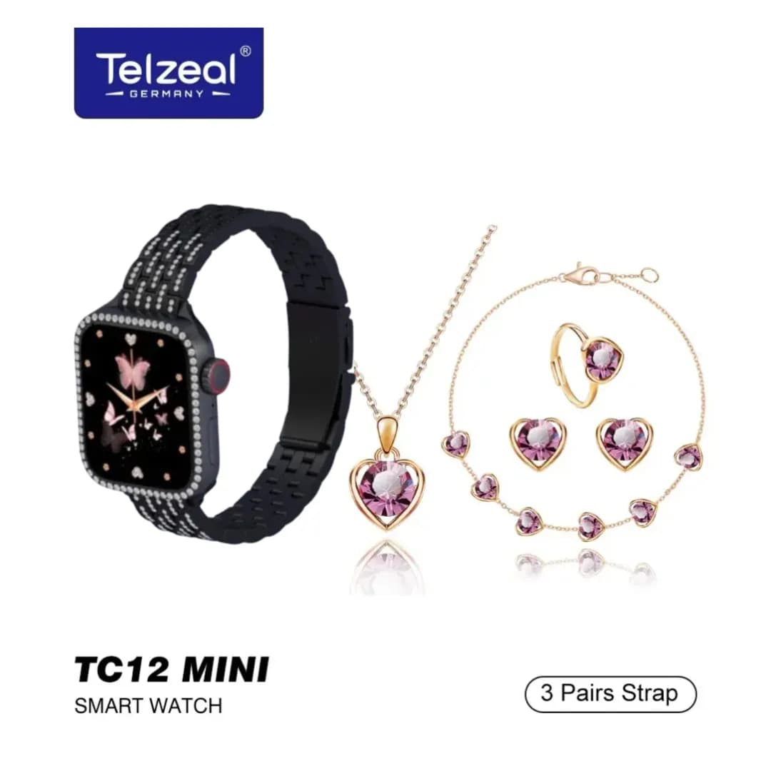 Smartwatch,3 Strap,Wireles Charging + Ornaments - Telzeal TC12 Mini Black