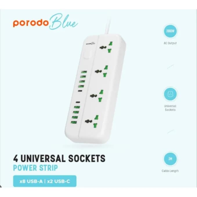 Porodo Blue 4 AC Power Socket With 2Type-C, 8 USB-A UK - White