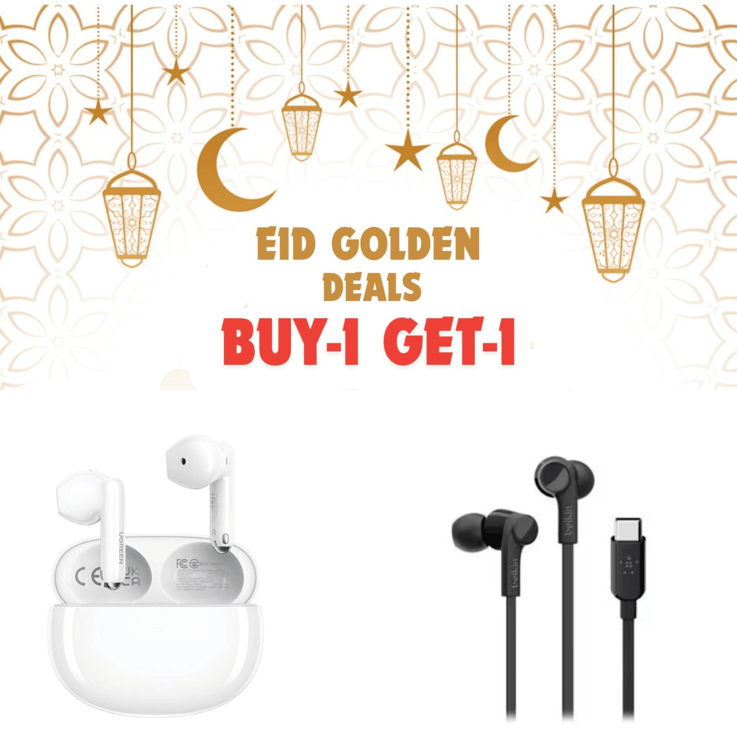 Ugreen Premium Airpods + Belkin  Type-C Earphone Made For Iphone 15 Series,Galaxy,Etc.. (Buy 1 Get 1 Free)