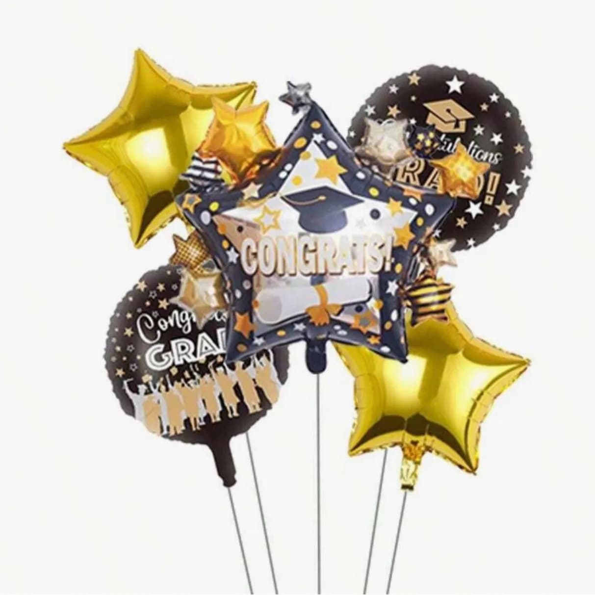 5 Pcs Set Black Star, Graduation Round Balloons ,Gold Star