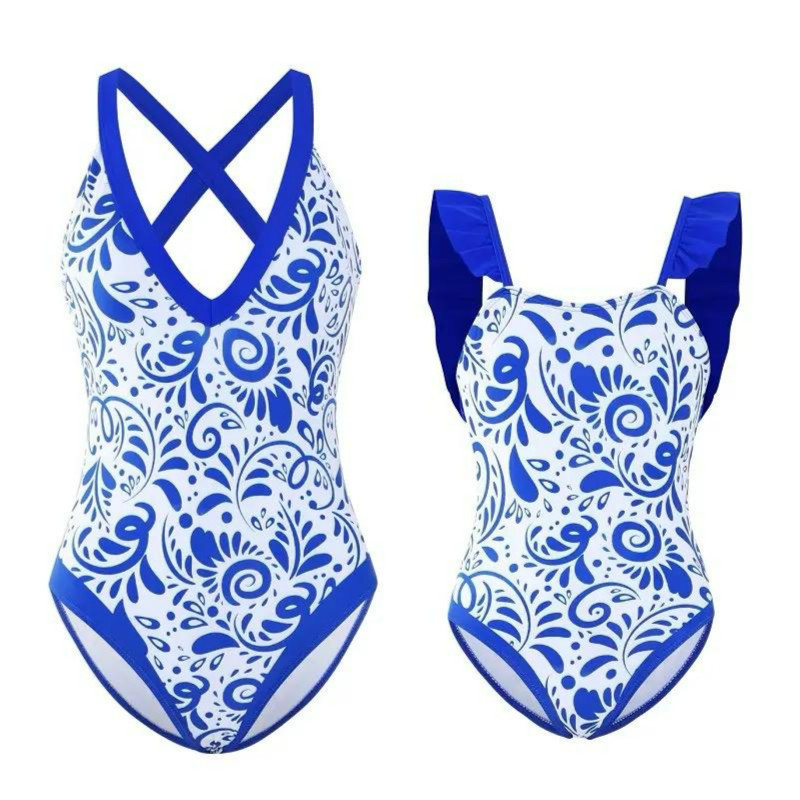 One Piece Swimsuits White Patterned And Blue