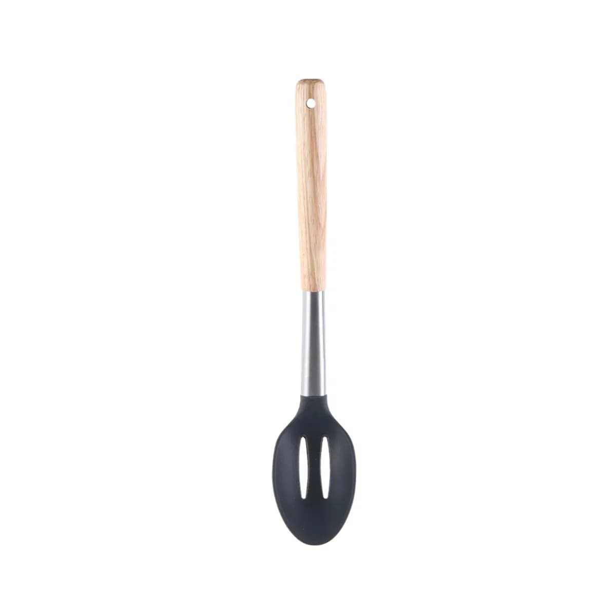 Vague grey silicone slotted spoon with oak wood handle 33 cm