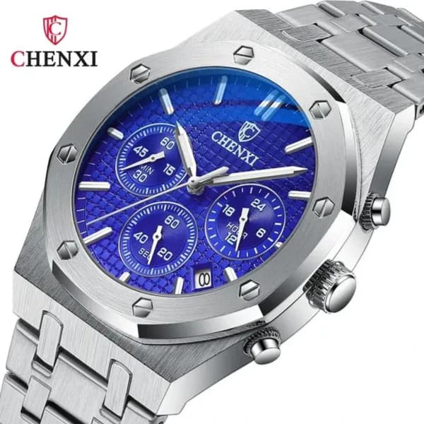 CHENXI 948 Fashion Business Top Luxury Brand Quartz Watch Men Stainless Steel Waterproof Wristwatch Relogio Masculino W31254 Silver Blue