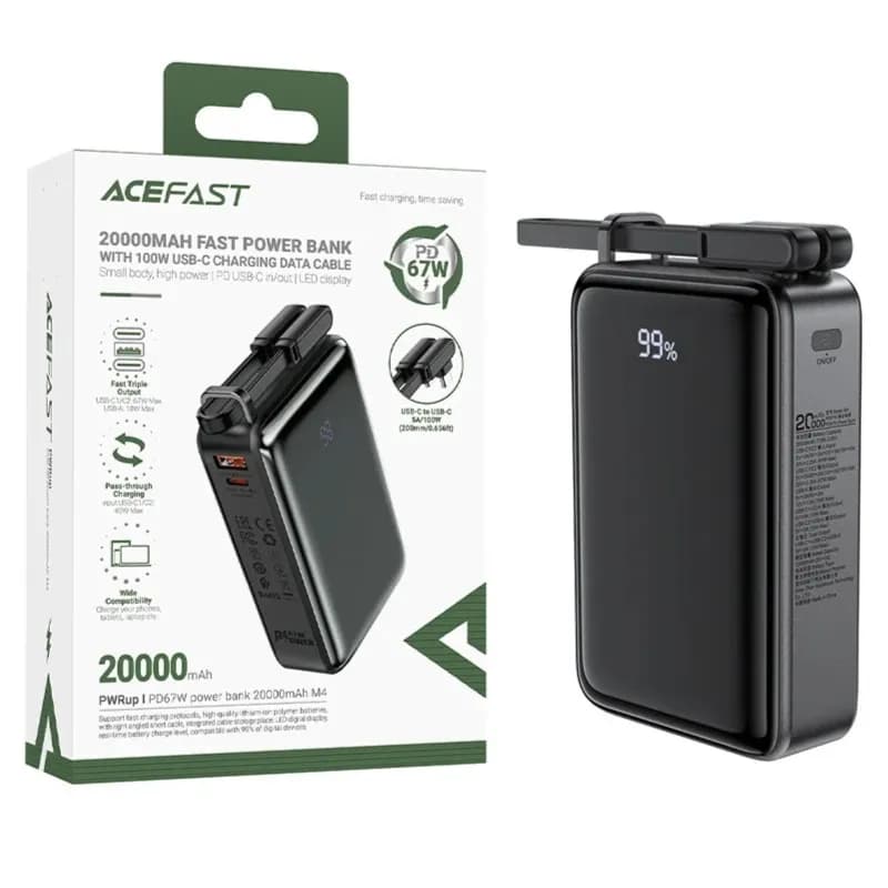 Acefast fast charge power bank M4 PD67W 20000mAh (2xUSB-C input / output, USB-A output-Support most fast charge protocols-With right angled USB-C to USB-C cable 0.2m 5A /100W)