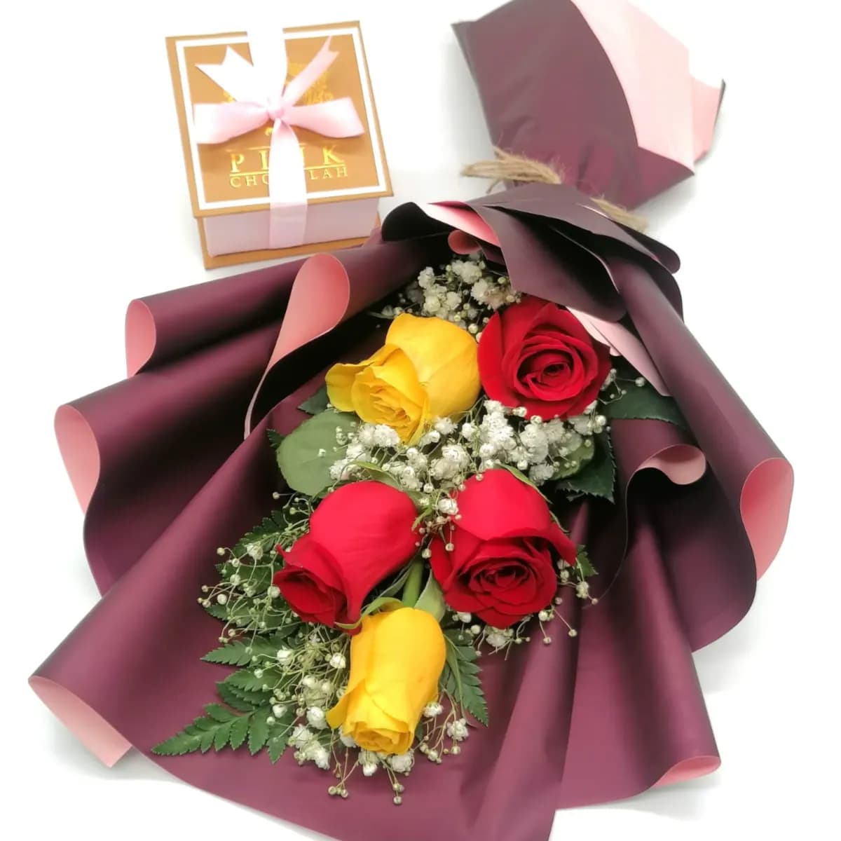 Red And Yellow Bouquet Of Roses With Chocolate Mix Box