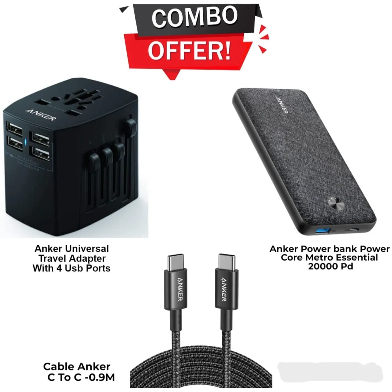 AdapterTravel  4 USB Ports Anker and Power Bank Metro Essential 20000mAh and Cable Anker C to C 0.9m