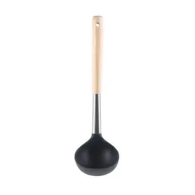 Vague grey silicone soup ladle with oak wood handle 30cm