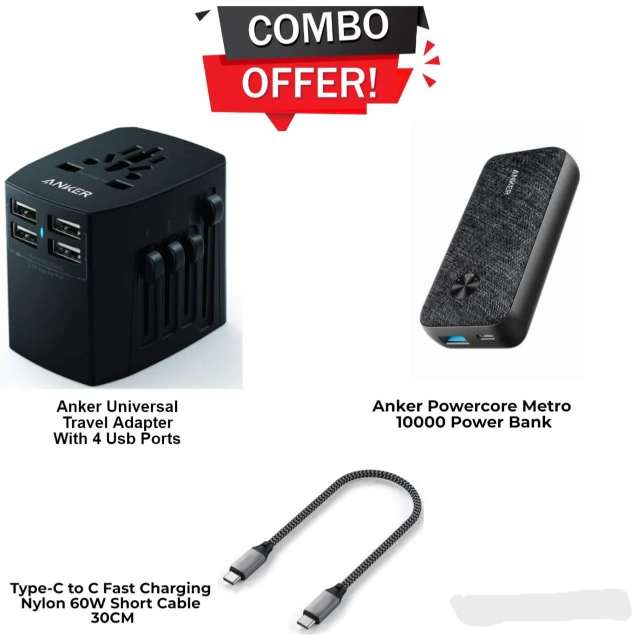 AdapterTravel  4 USB Ports Anker and Power Bank Powercore Metro 10000mAh Anker and C to C Short Cable Admos