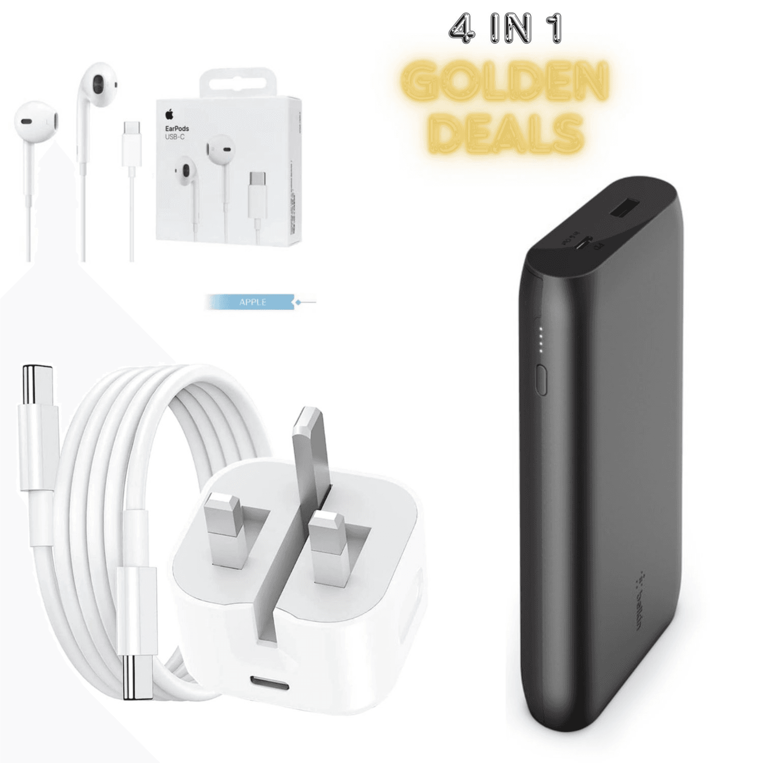 Apple 15 Series Deals (Apple Earphone + Adapter 20W + C To C Cable 1Mtr + Belkin Power Bank 20K (4 In 1 Combo)