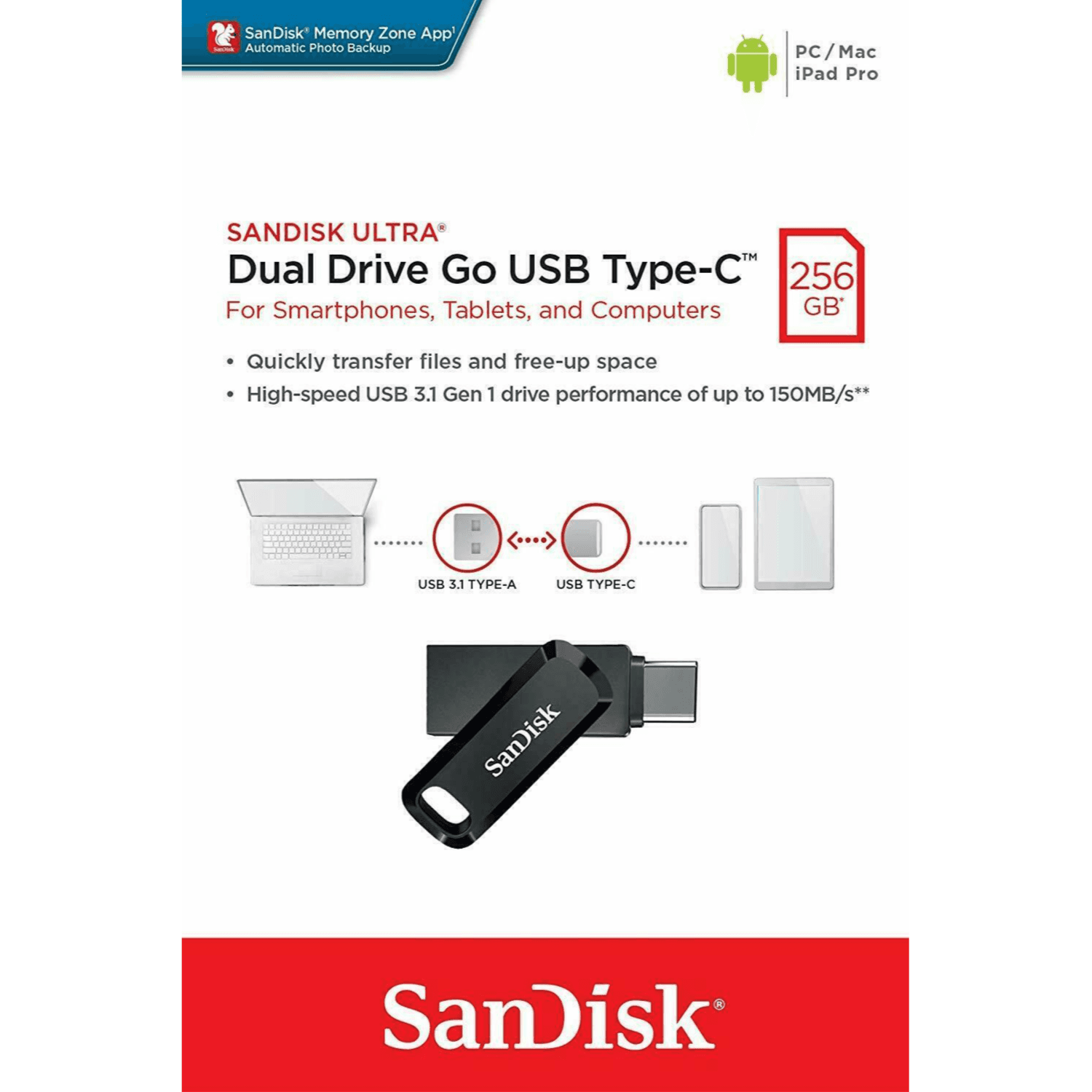 SANDISK ULTRA DUAL DRIVE GO USB TYPE-C 256GB [ SPEED UP TO 400 MB/s read ]