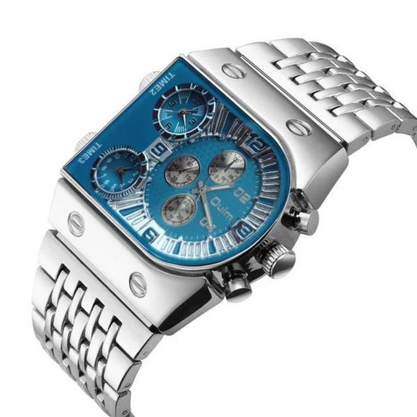 Multi-Time Zone Mens Watches Casual Quartz Sports Man Wristwatch W987413 Silver Blue