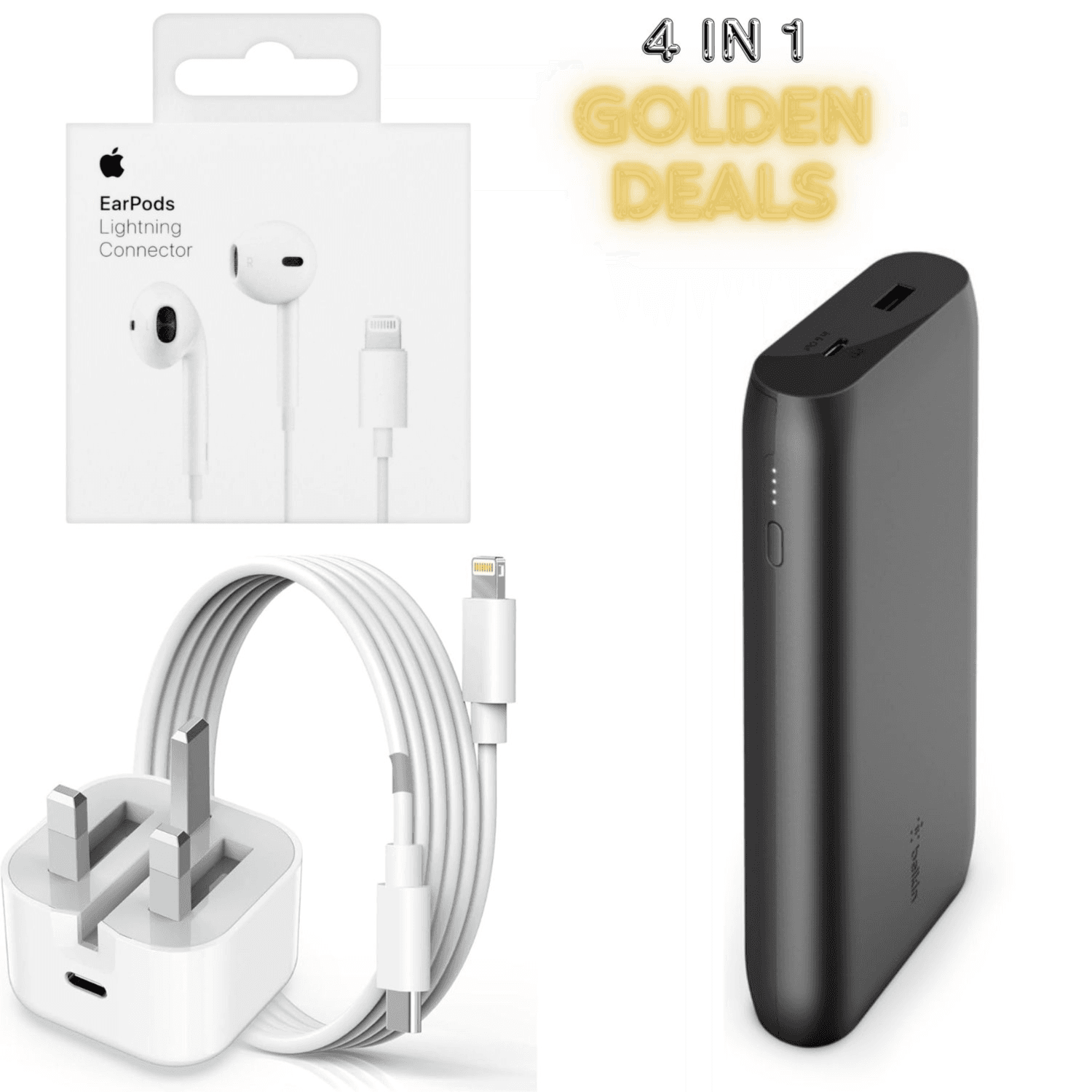 Apple 14,13,12 Series Deals (Apple Earphone + Adapter 20W + C To L Cable 1Mtr + Belkin Power Bank 20K (4 In 1 Combo)