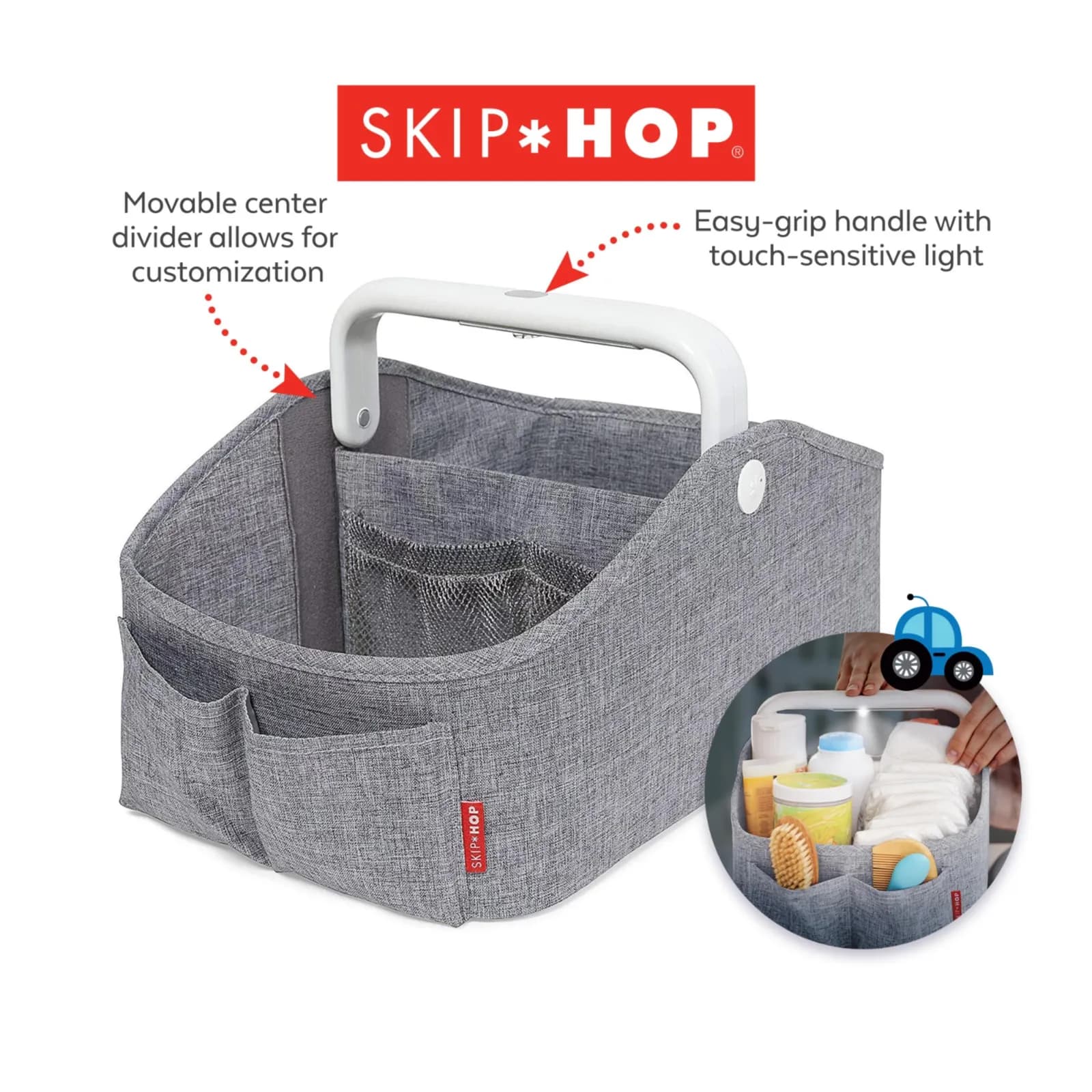 Skip Hop Diaper Caddy Organizer with Touch Sensor Night Light, Nursery Style, Heather Grey