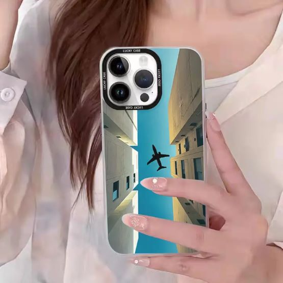 Acrylic Clear Phone Case with Vibrant Airplane and Buildings Print IPhone14pro max