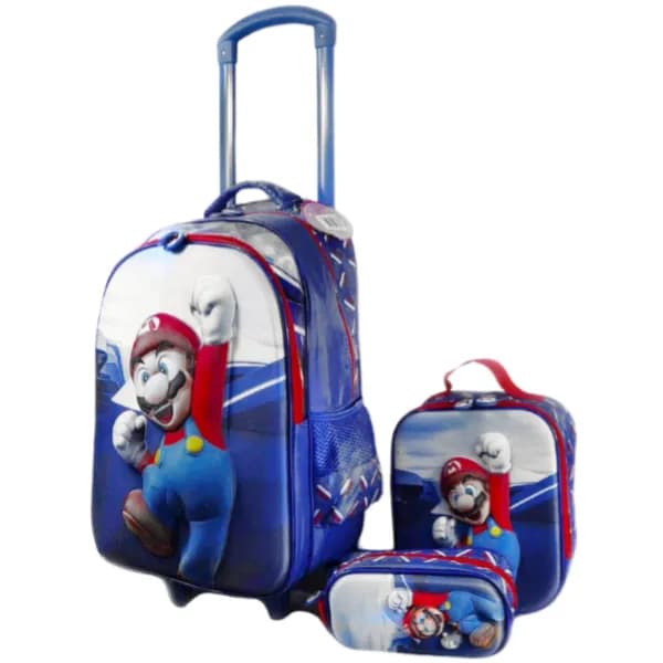 I-Kola 3 D Printed Super Mario Small Wheel Trolley Bag Backpack For Kids -3 Pieces Set (TBQL103)