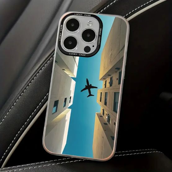 Acrylic Clear Phone Case with Vibrant Airplane and Buildings Print IPhone11 pro