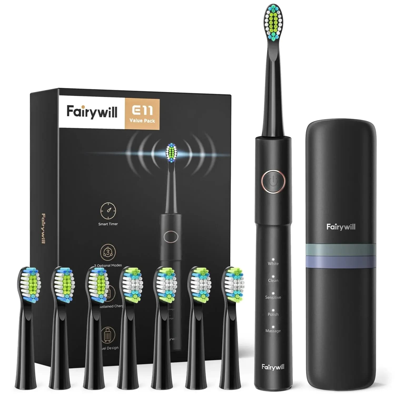 Fairywill Sonic Electric Toothbrush with 8 Bursh Heads Travel Case, E11