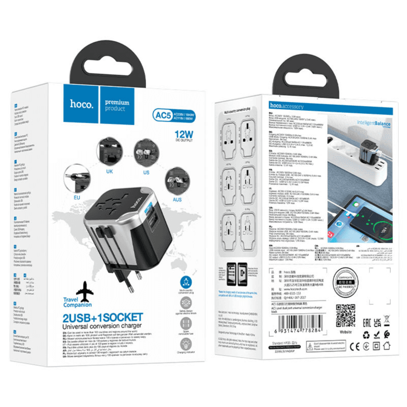 Hoco Universal Travel Adapter With 2 X Usb