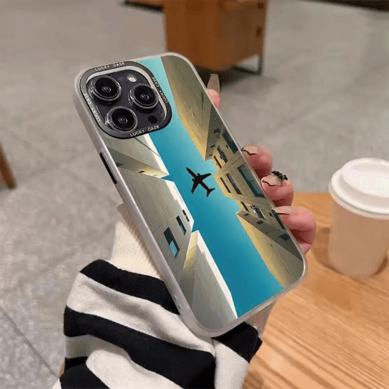 IPhone 14pro Acrylic Clear Phone Case with Vibrant Airplane and Buildings Print
