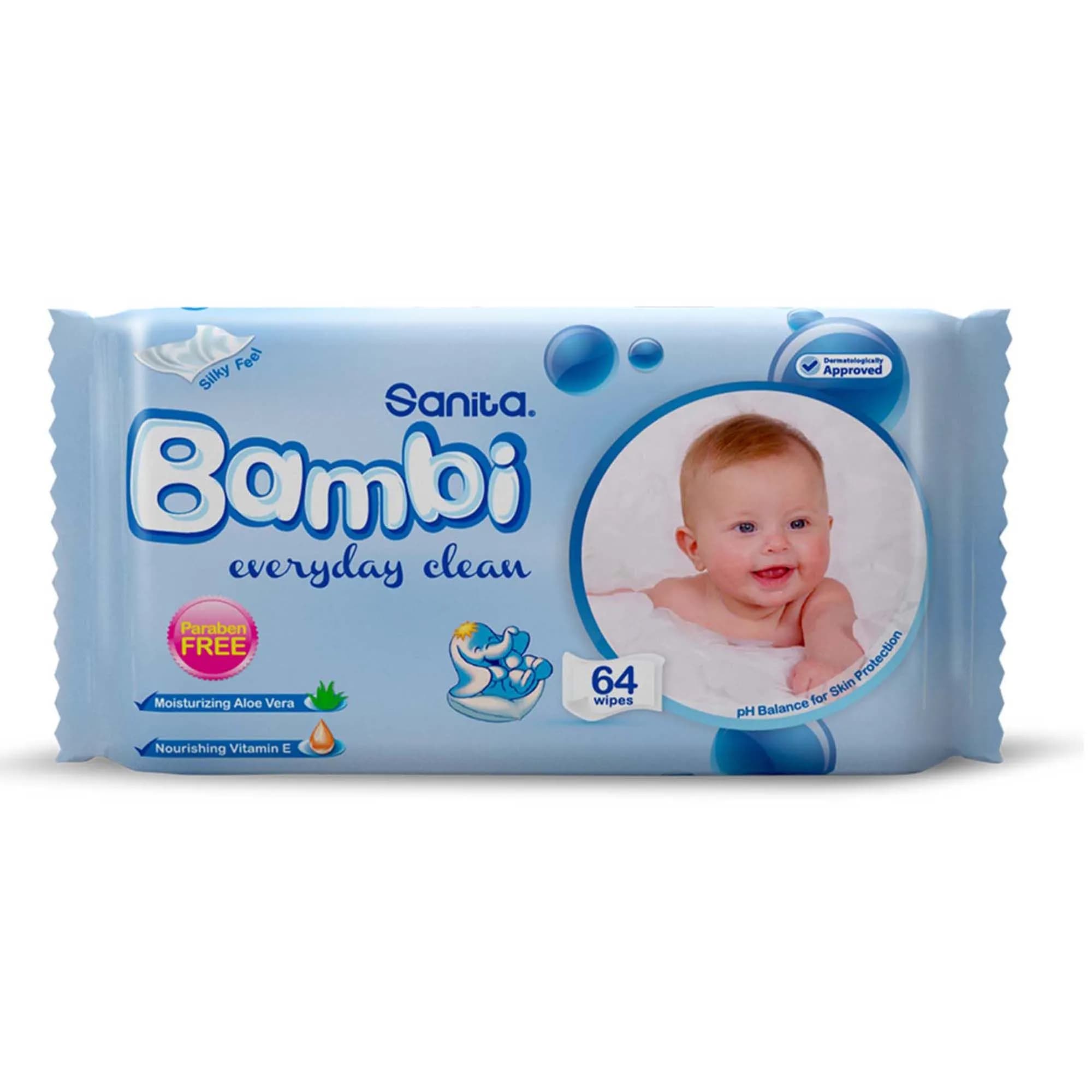 Sanita Bambi Everyday Clean Baby Wet Wipes, 64 Wipes