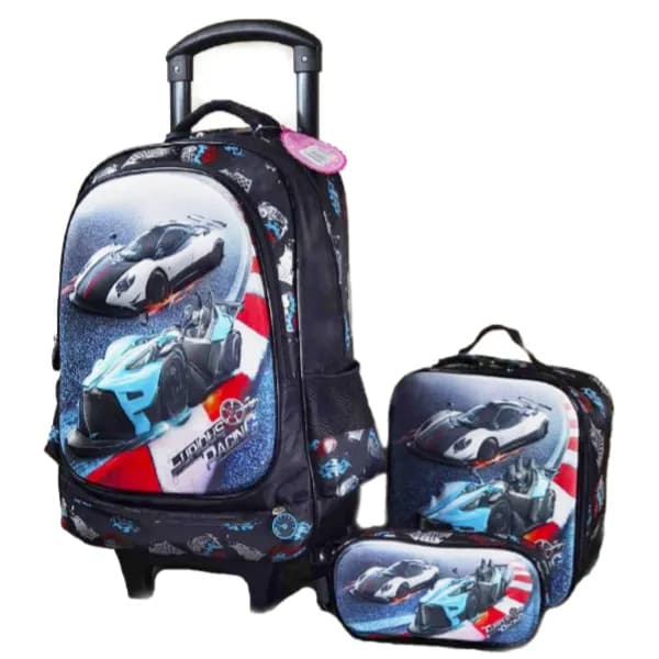 I-Kola 3 D Car Printed Small Wheel Trolley Bag Backpack For Kids -3 Pieces Set (TBQL101)