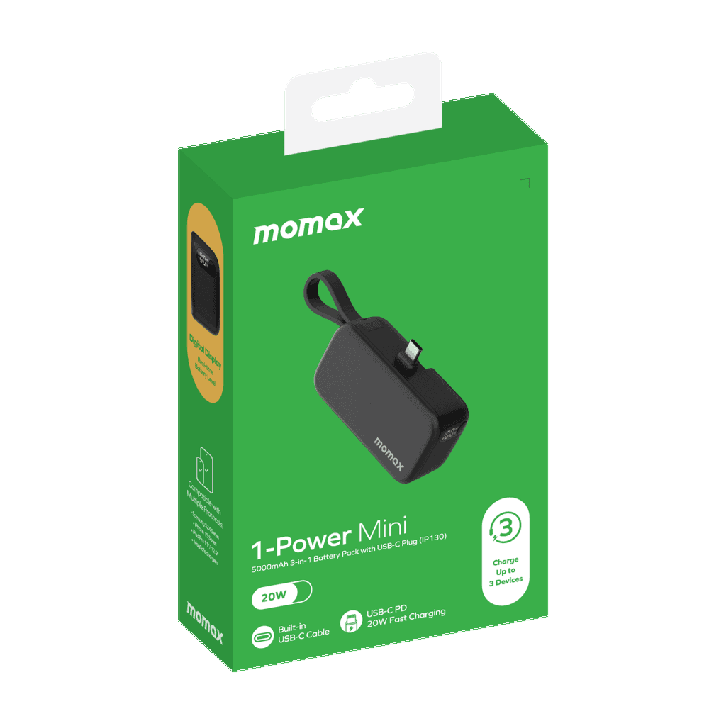 Momax 1-Power Mini 5000 mAh 3-In-1 Power Bank With USB-C Plug IP130D Black