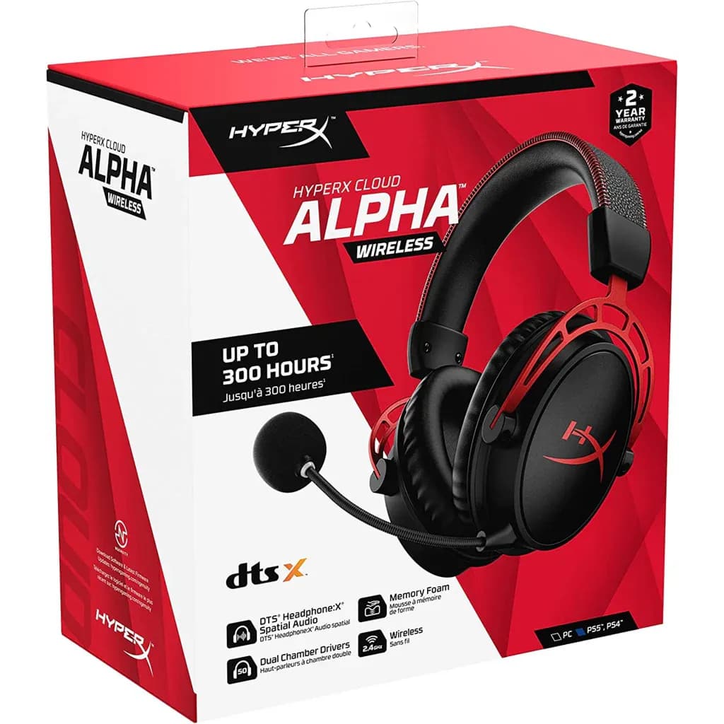 HyperX Cloud Alpha Wireless - Gaming Headset for PC, 300-hour battery life, DTS Headphone:X Spatial Audio, Memory foam, Dual Chamber Drivers, Noise-canceling mic, Durable aluminum frame,Red