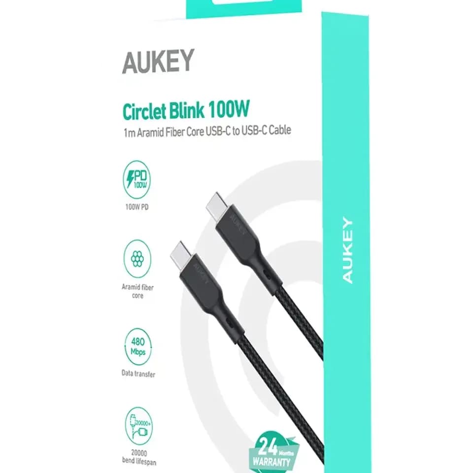 Aukey Circlet Blink 100W Braided USB-C to USB-C Cable 1m CB-KCC101-BK