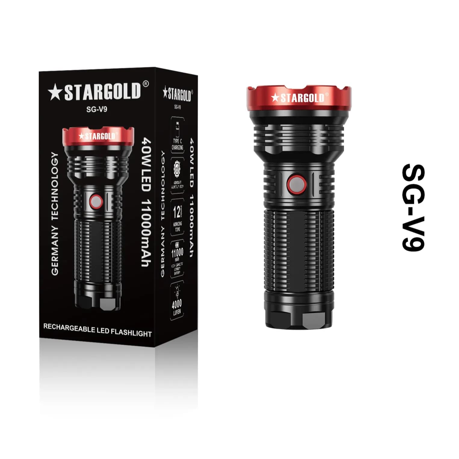 STARGOLD SG-V9 Rechargeable LED flashlight 40W 11000Mah (Type-C charging-Aluminium body-12hours working time)