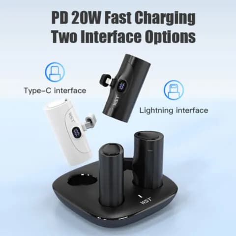 WST Power Bank Fast Charging Phone Holder 4X5000Mah Portable Charger Capsule Type-C & Lightning Output Plug Power Bank