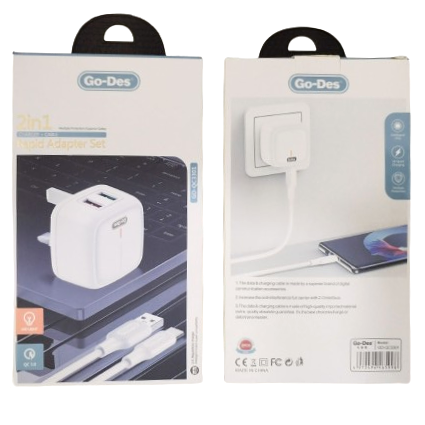 Go-Des 2 In 1 Charger + Lightning Cable Rapid Adapter Set (GD-QC3301)