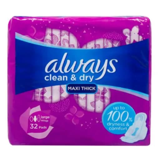 ALWAYS CLEAN & DRY MAXI THICK LARGE PADS WITH WINGS PURPLE 32'S 