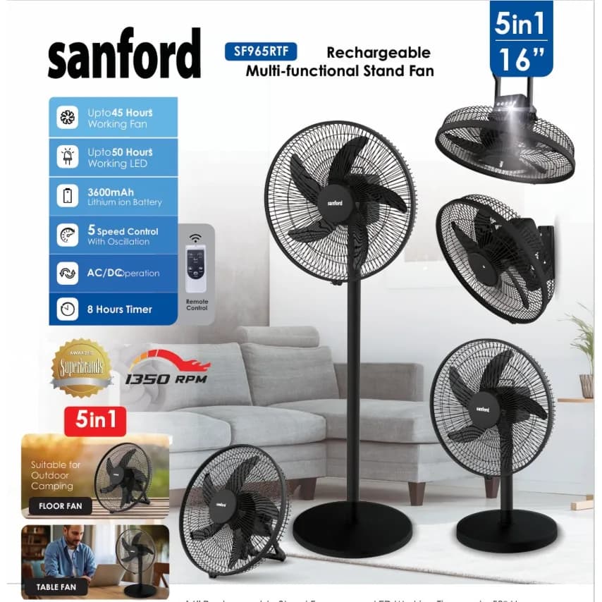 Sanford 5in1 16inc Rechar Multi-functional Stand Fan Ac/dc W/remote Sf965rtf