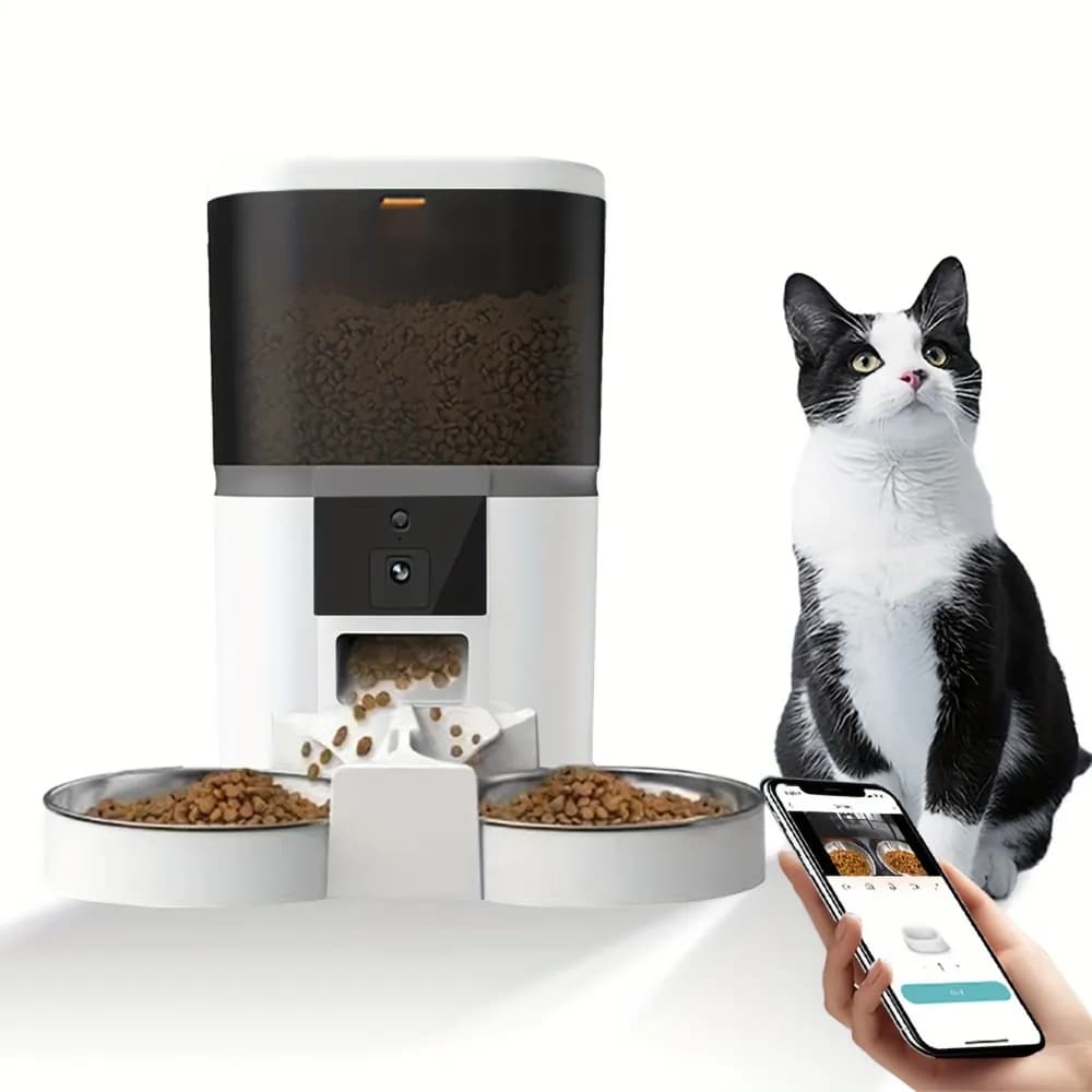 Camera Automatic Pet Feeder With Two Stainless Steel Food Bowl White - 4 L