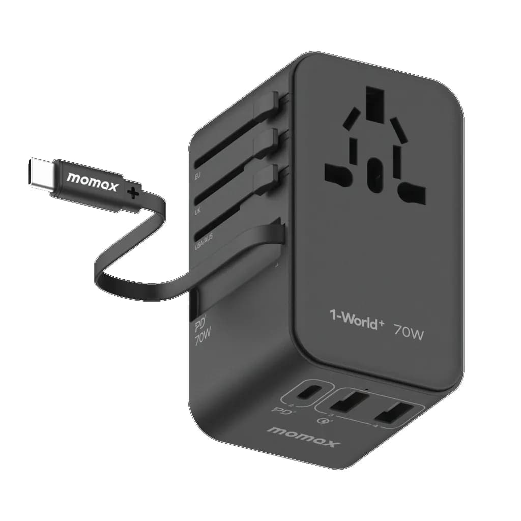 1-World+ 3-Port Travel GaN Charger With Built-in USB-C Cable 70W-Momax