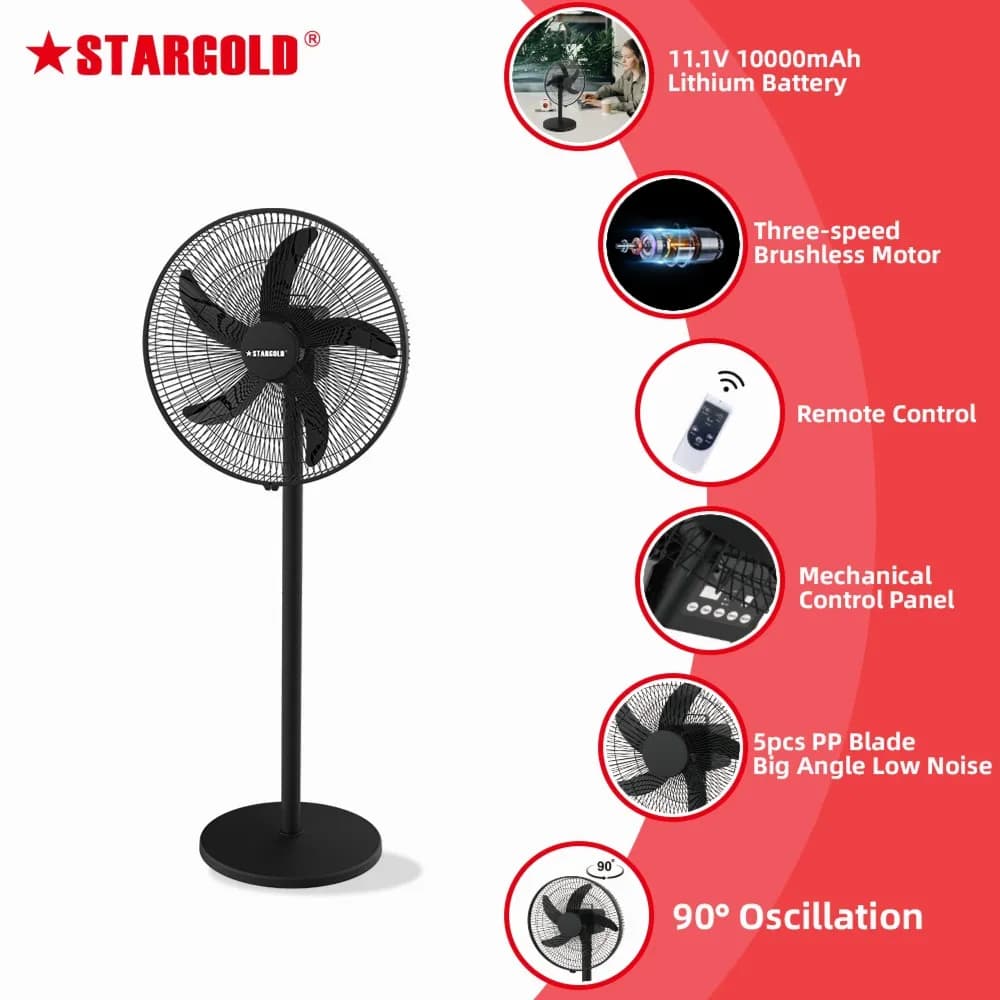 STARGOLD 18 Inch Low Noise Rechargeable Fan USB Charging Battery, 10hrs Working Capacity, SG-4065 BLACK