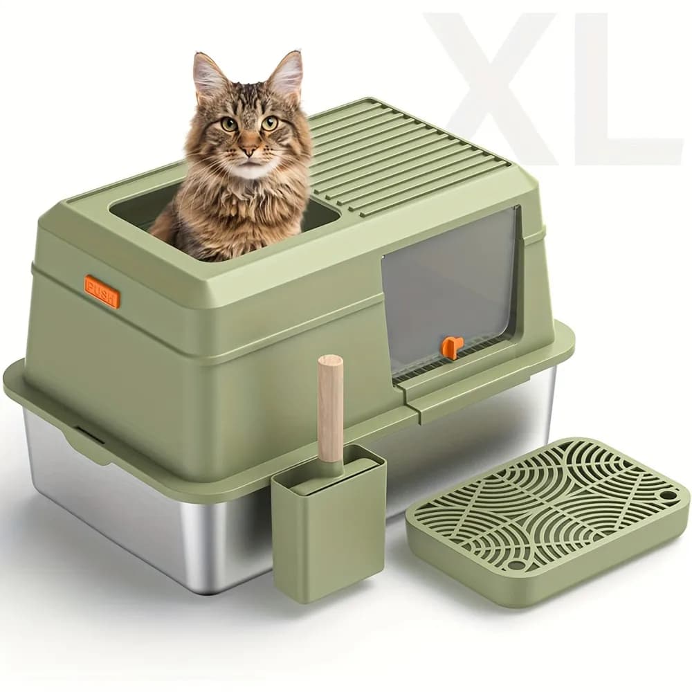 Extra Large Stainless Steel Covered Cat Litter Box With Scooper 20L - Light Green 