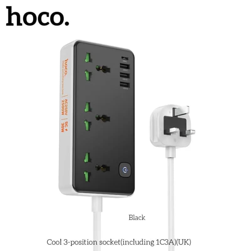 Power Extension 3Plug, 3 USB-A, 1 USB-C, 2mtr Cable - Hoco AC8B