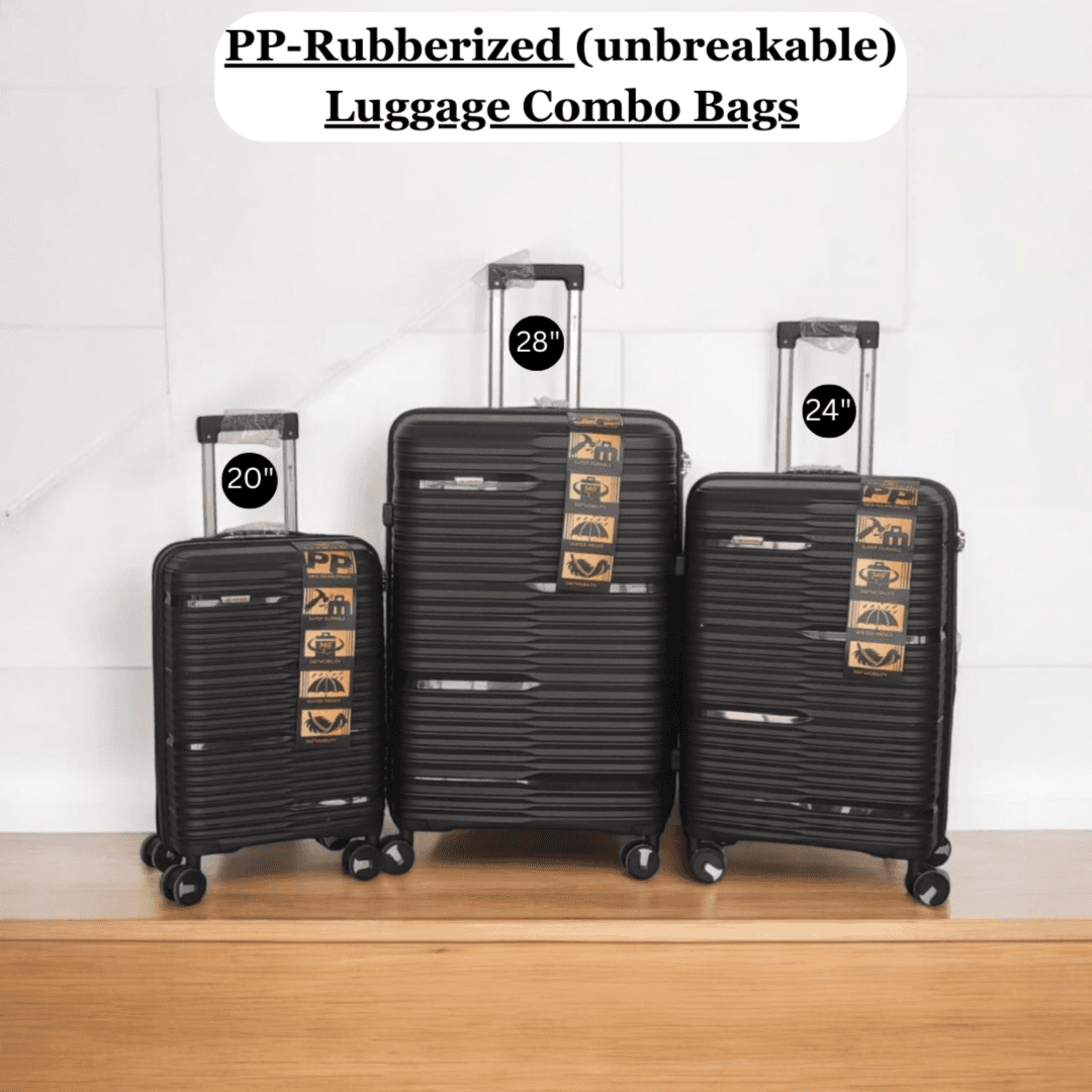 Luggage Trolly bags 3 pcs set 8 wheel Smart Lock PP Rubberized Travel Suitcases - Black