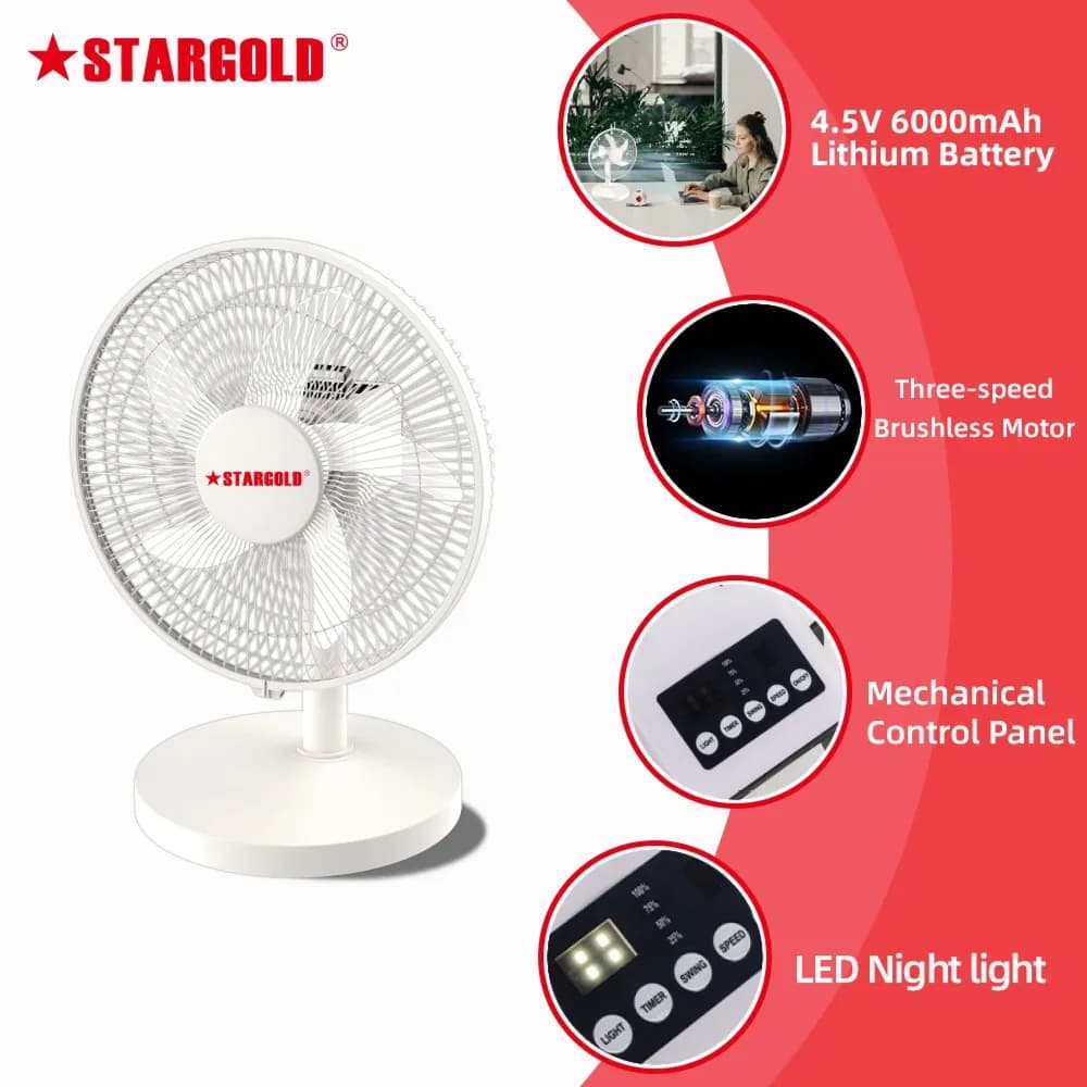 STARGOLD Portable 12 Inch Small Rechargeable Fan USB Charging, SG-4063 White