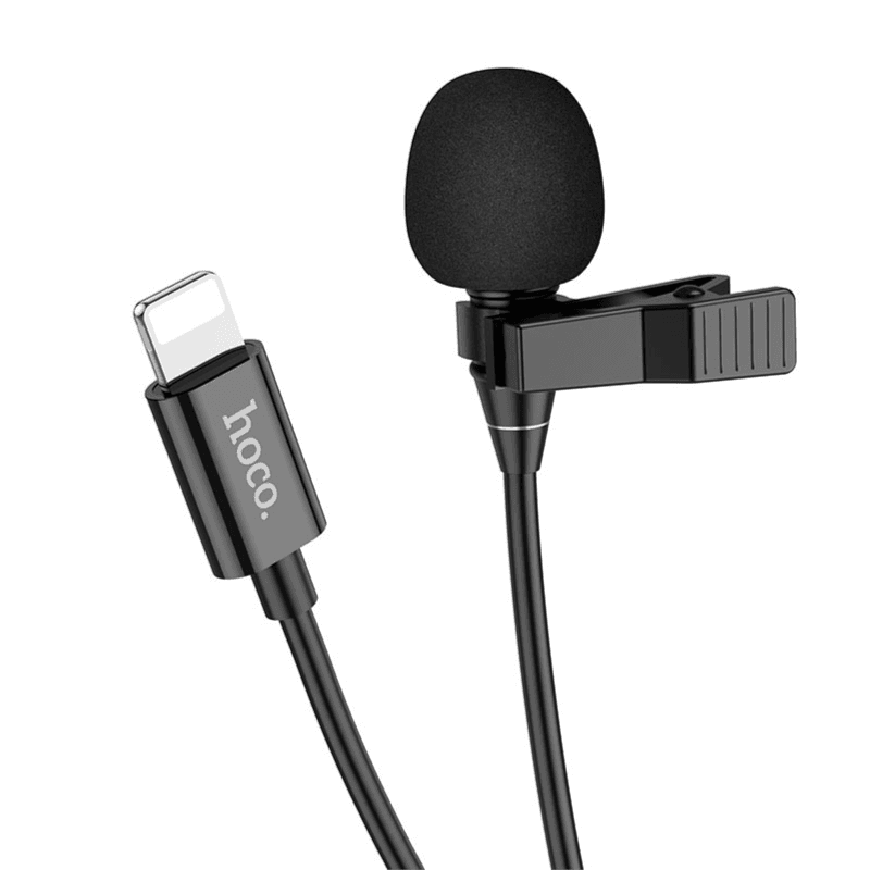 Hoco L14 - ميكروفون كهربائي متعدد الاتجاهات من Lavalier (الطول: 2 متر، القابس: Lightning)، طوق بمشبك ميكروفون، متوافق مع iPhone - أسود