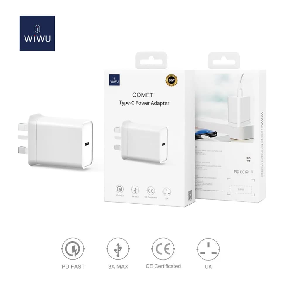 WIWU COMET RY-U56 20W Wall Charger Type-C Fast Charger Power Adapter, UK Plug(White)