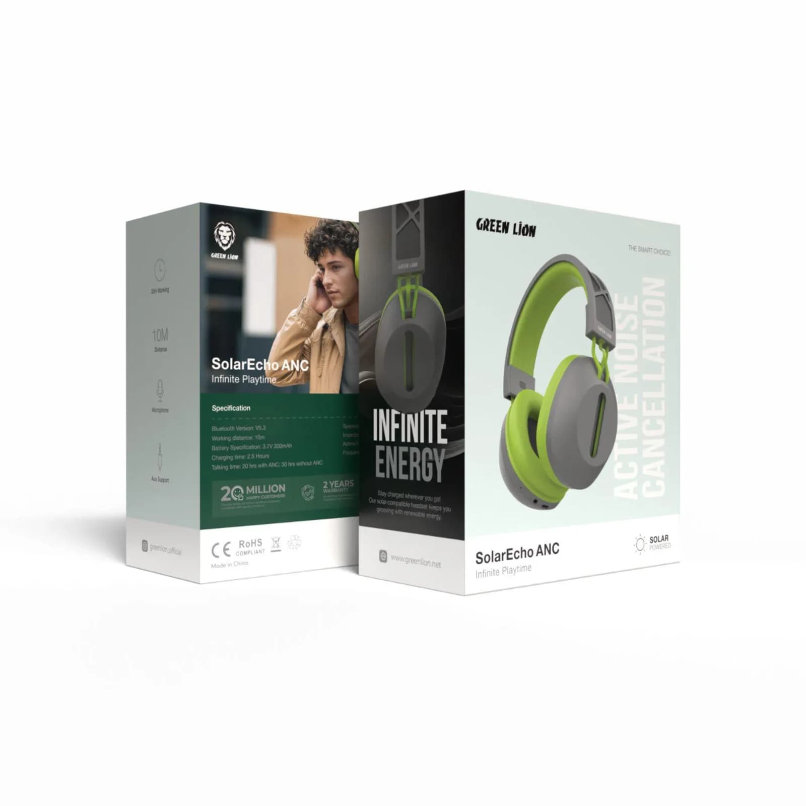 Green Lion SolarEcho ANC Infinite Playtime Headphones| Solar Powered|Bluetooth Version V5.3| 22db Active Noise Cancelling|2.5 Hours Charging Time- Green