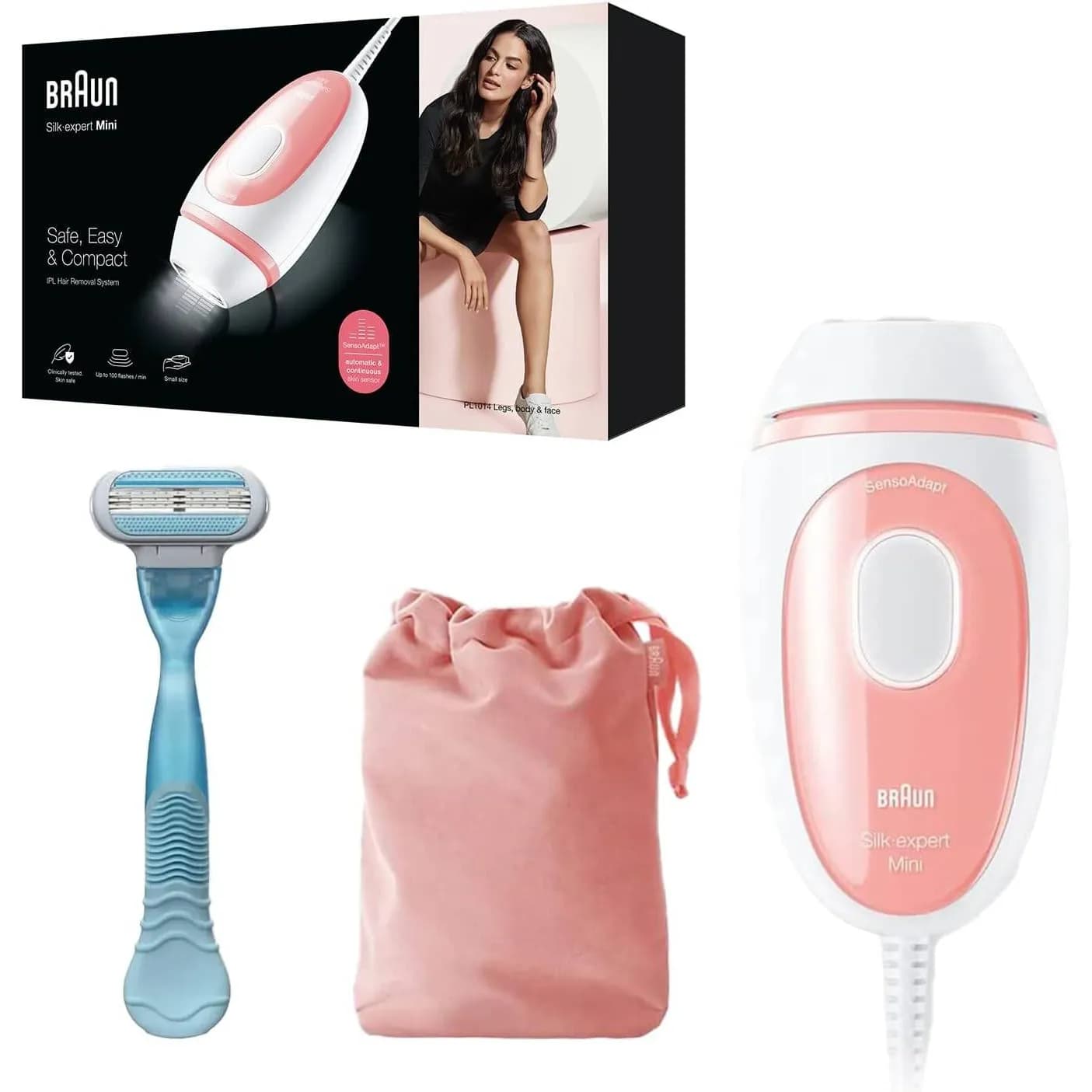 Braun Silk-Expert Mini Pl 1014 Ipl With 2 Extras Venus Smooth Razor, Travel Pouch 300,000 Flashes., White / Pink