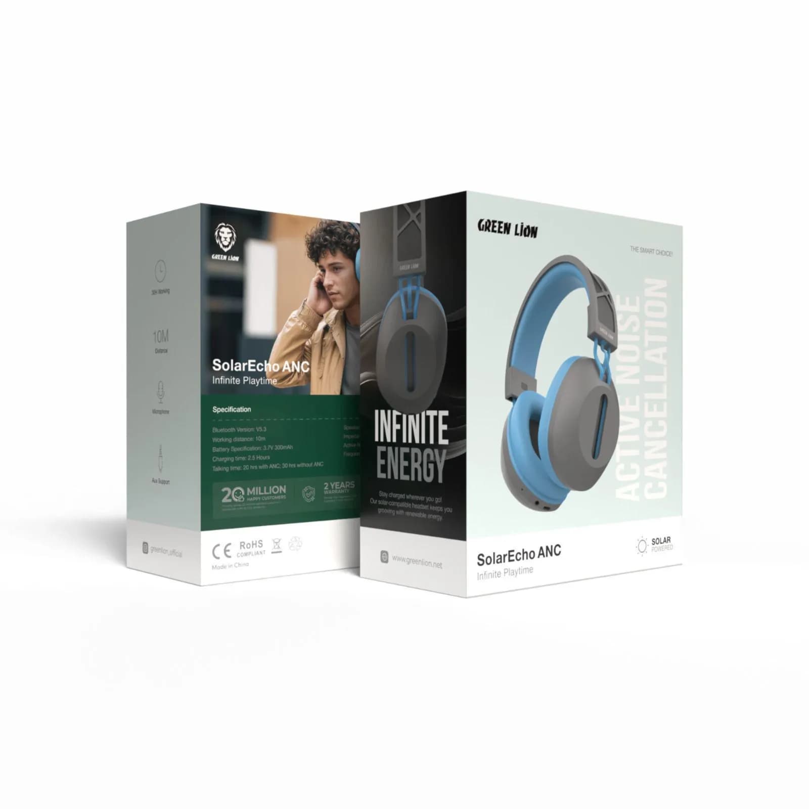 Green Lion SolarEcho ANC Infinite Playtime Headphones| Solar Powered|Bluetooth Version V5.3| 22db Active Noise Cancelling|2.5 Hours Charging Time- Blue