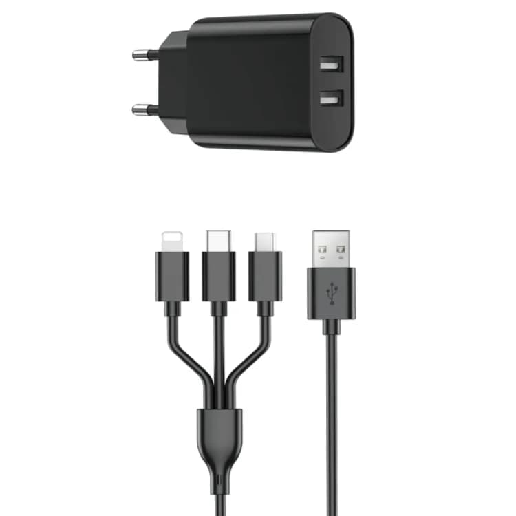 WIWU Wi-U003 Quick Series Dual USB Charger with 3 in 1 USB Charging Data Cable Set, UK Plug-BLACK