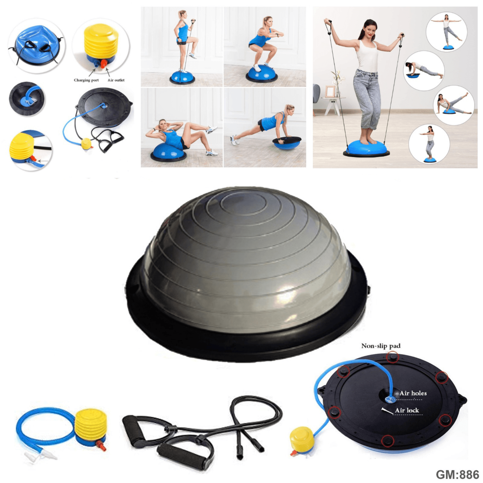 Balance Ball Trainer - Non Slip Half Yoga Exercise Ball With Resistance Bands & Pump "886" Grey