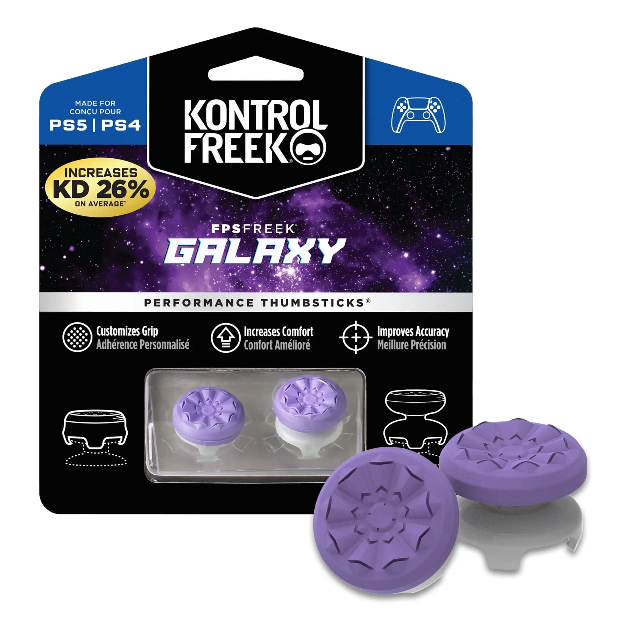 KontrolFreek FPS Freek Galaxy Purple for PlayStation 4 (PS4) and PlayStation 5 (PS5) | Performance Thumbsticks | 1 High-Rise, 1 Mid-Rise | Purple