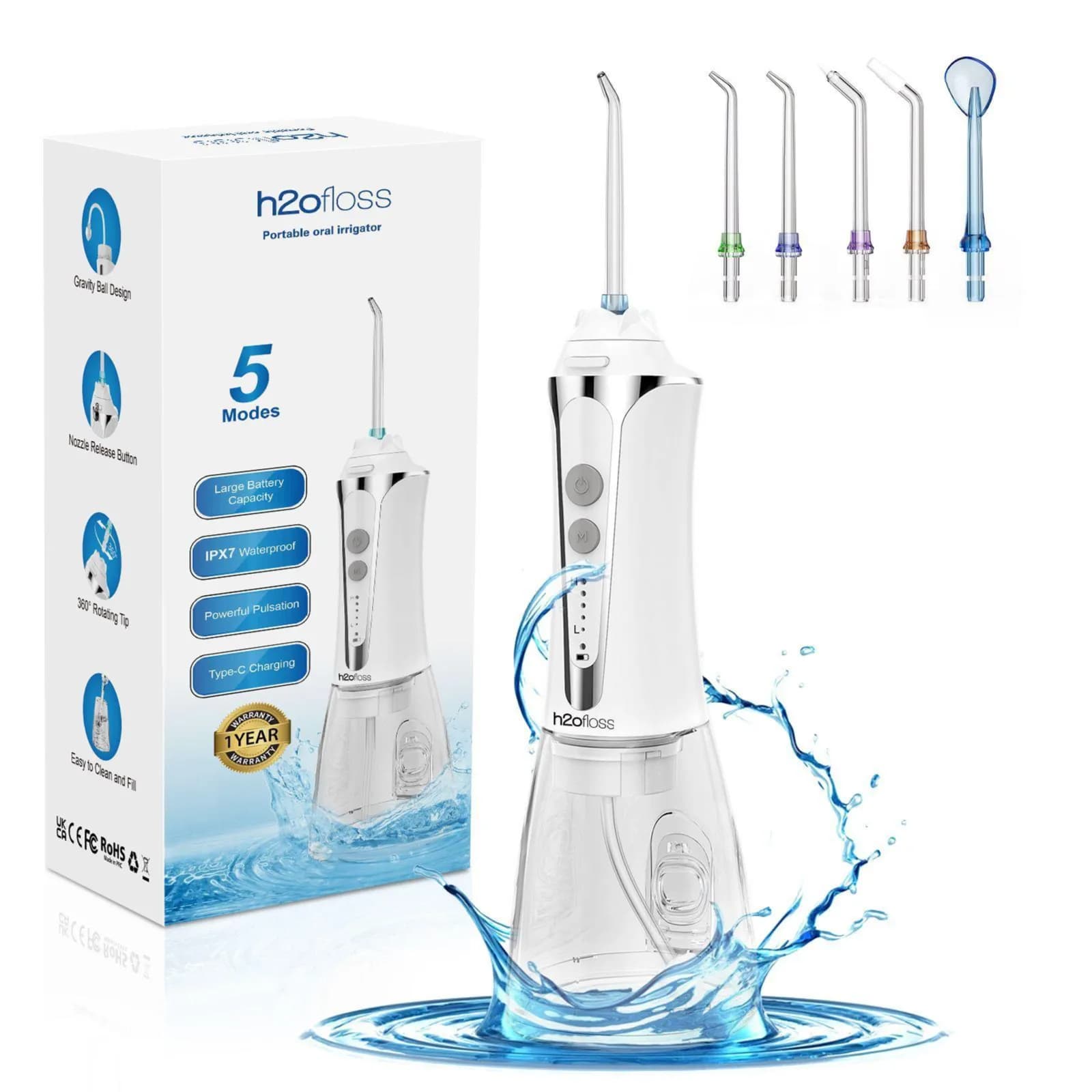 H2ofloss Portable Oral Irrigator Flosser (HF-P11) 5 Modes -White